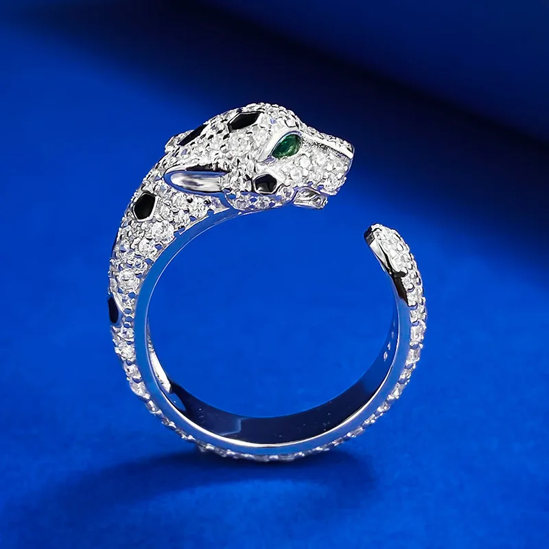 925 Silver Ring High Carbon Diamond Wood Zuo Green Jaguar Series Emerald Cheetah Ring Wholesale