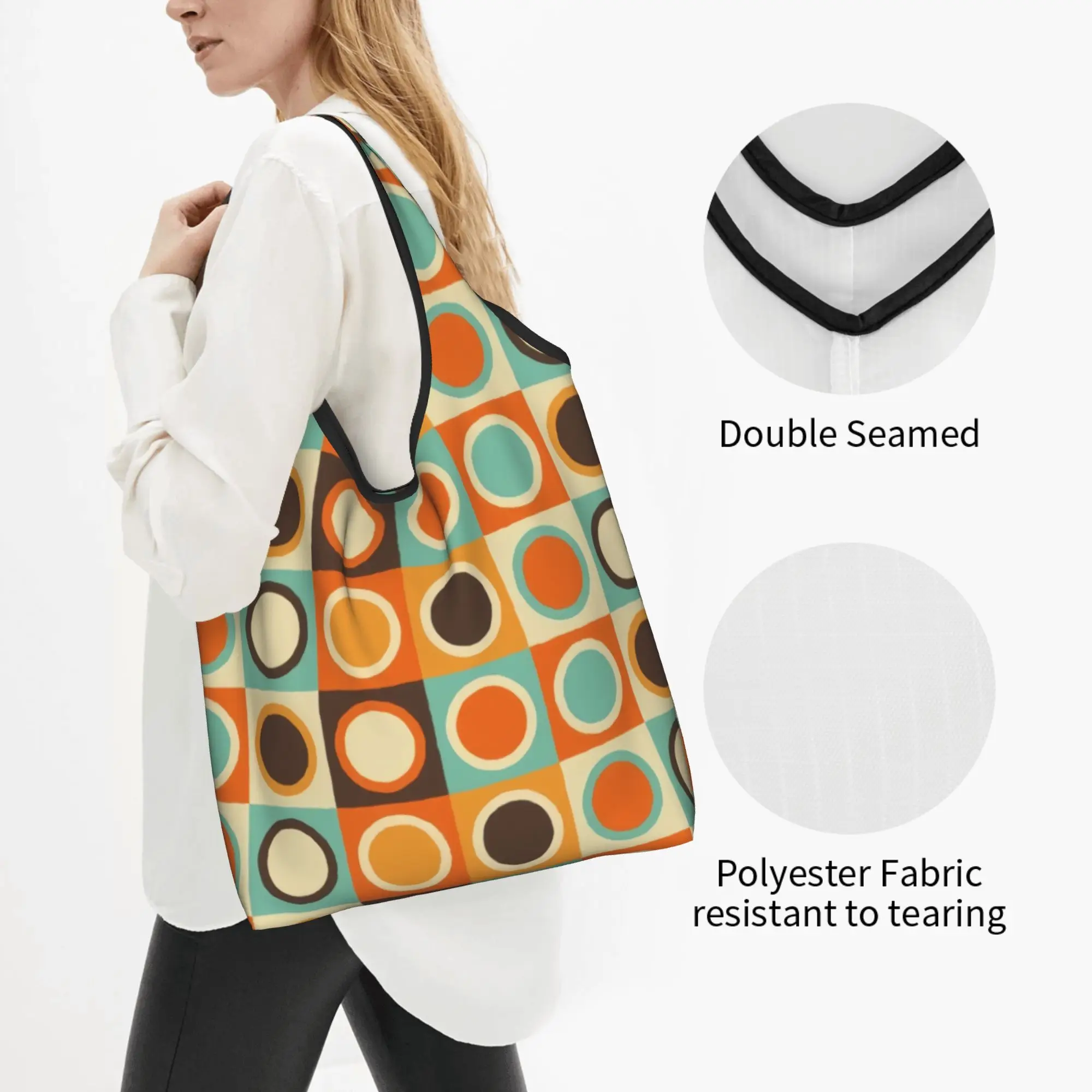 Custom Mid Century Modern Circles Shopping Bags Women Portable Large Capacity Grocery Modern Geometric Tote Shopper Bags