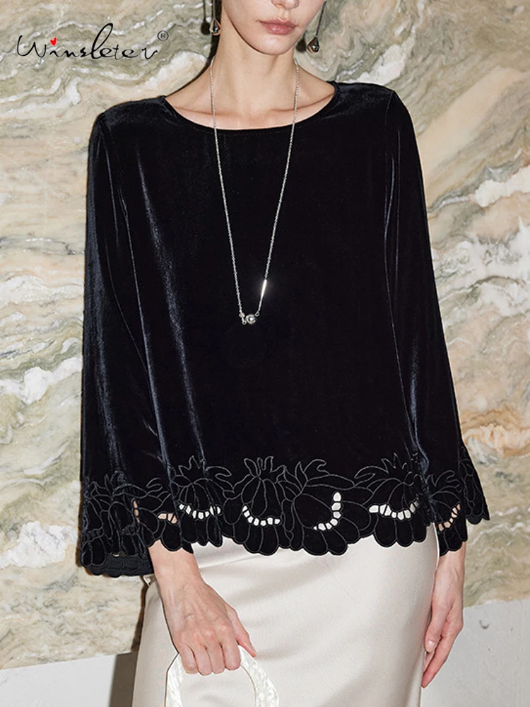 

Элегантная вельветовая футболка Winsleter-Bottom из 100% натурального шелка, с вышивкой на круглом вырезе, женская свободная ретро-блузка в стиле «девушка», новинка весны 2026, T61707CC