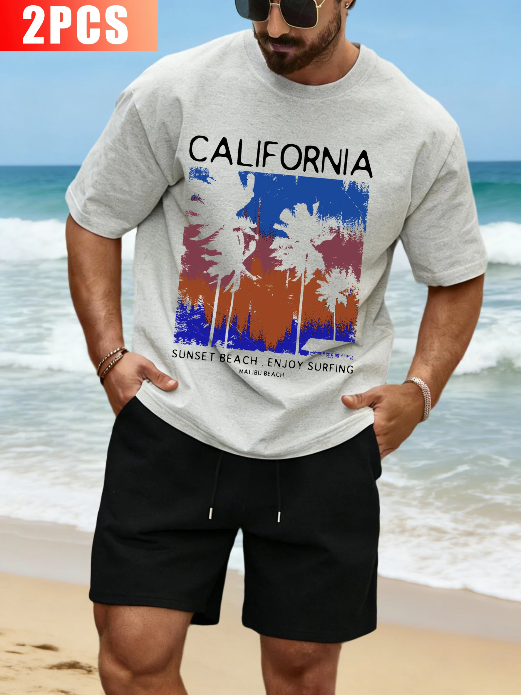

California Sunset Beach Print Men T-Shirt Suit Summer Cotton Tee All-Match Drawstring Shorts Unisex Loose Fashion Streetwear