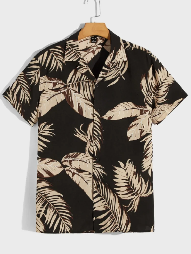 

Мужские тканые модные топы, повседневные пляжные серфингские праздничные рубашки с узором листьев, облегающая рубашка с короткими рукавами, тонкая гавайская мужская одежда