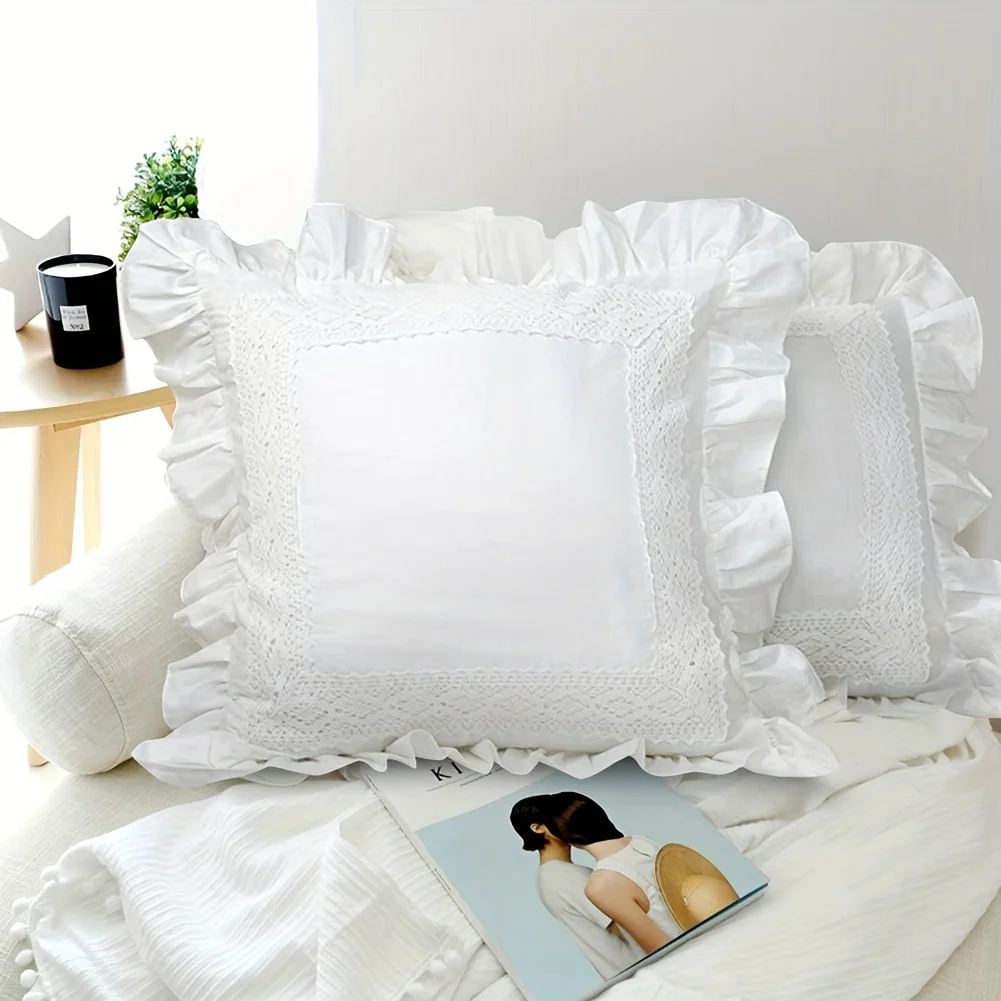 BUYNOW 1 Stück Weißer Flanell-Spitzenkissenbezug Einfacher Französischer Ländlicher Stil Wohnzimmer Sofa Kissenhülle Heim Schlafzimmer Auto Dekoration – Detail 1