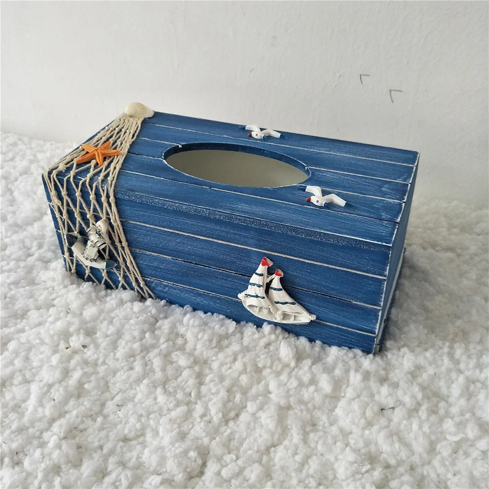 

Wooden Decorative Tissue Box Mediterranean Style Storage Container For Home Office Hotel Use Blue Sailboat Design Tissue Holder
