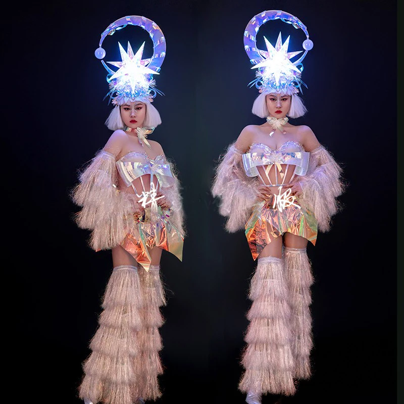 

Sexy Laser Pole Dance Bikini Fringed Legs Cover Women Gogo Clothing Bar Nightclub DJ Stage Performance Rave Outfit XS9702