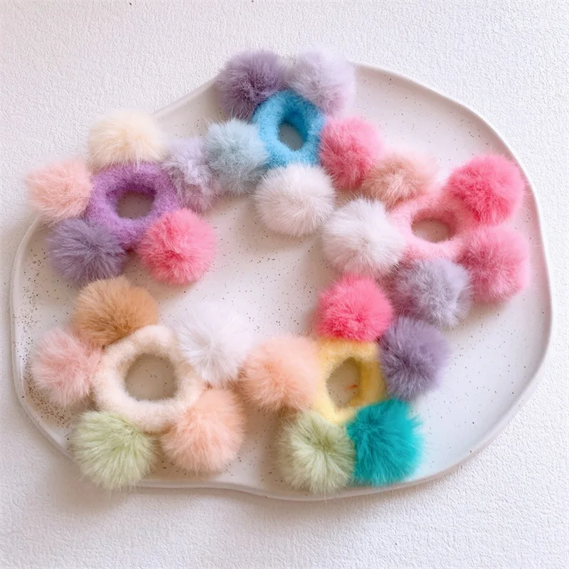 2024 Winter Cute Pompom Hair Tie For Kids Pink Plush Ball Hair Bands Girls Elastic Hair Rope Scrunchie Baby Hairbands headdress