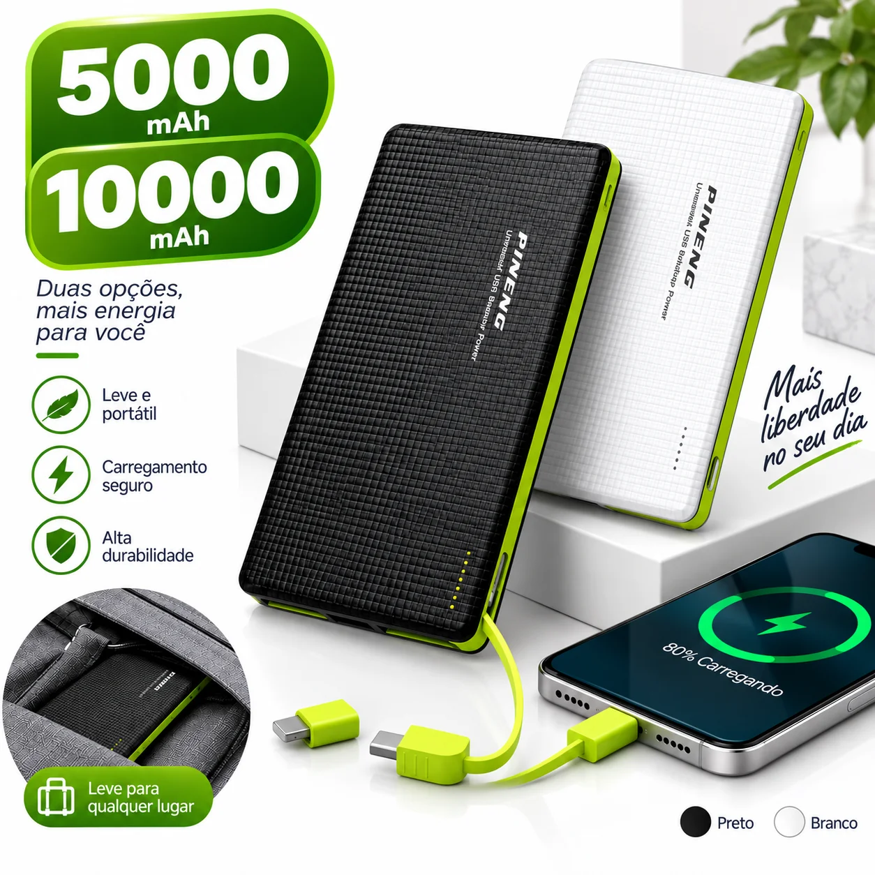 Carregador Portátil 5000mAh e 10000mAh com Adaptador e Power Bank V8 Prático para Qualquer Lugar