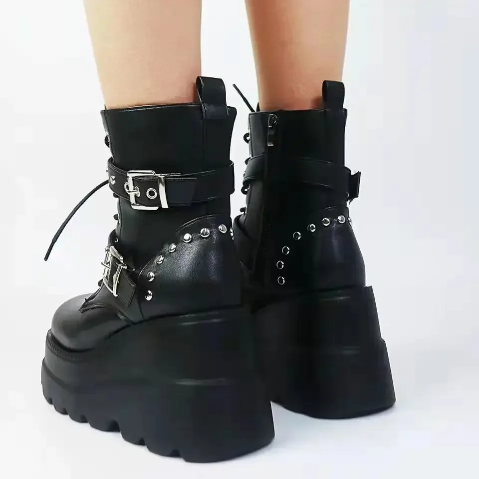 Neue frauen Pu Leder Stiefeletten Frauen Herbst Winter Runde Kappe Lace Up Schuhe Frau Motorrad Plattform Botas Gothic Schuhe – Detail 10