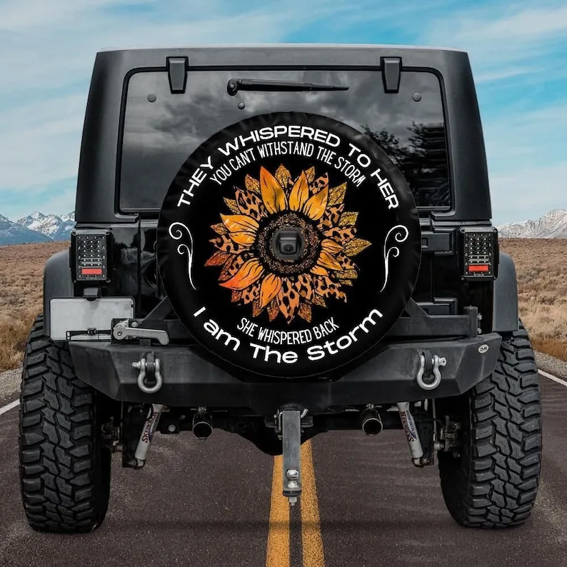 I am the Storm, Spare Tire Covers for Women, Orange Sunflower Tire Cover compatible with Jeep, Bronco, RVs and Campers, Backup c