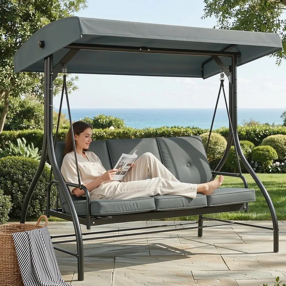 3Seat Patio Swing with Adjustable Canopy amp Backrest, Outdoor Porch Swing Chair for Adults, Outside Porch Converting Bed Thicke