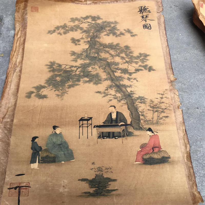 

China Old Scroll Painter's Rice Paper Wall Art Slice Zhao Ji's picture of listening to the qin Traditional Asian Decor