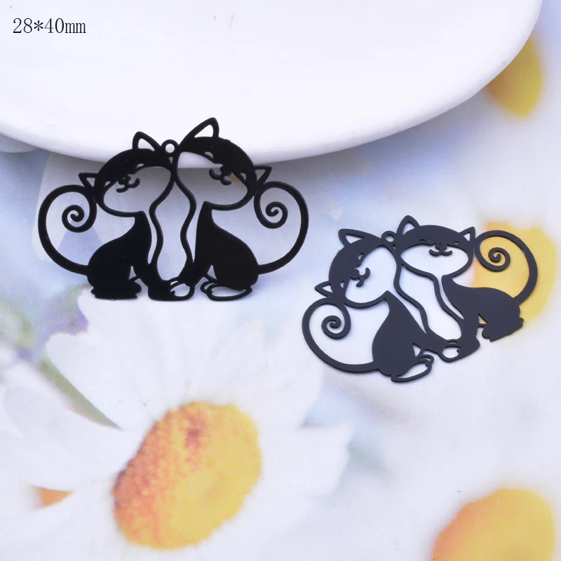 6pcs Brass Laser Tute  Black White Cat Charms Connector DIY Making Eearring Pendant Jewelry Findings
