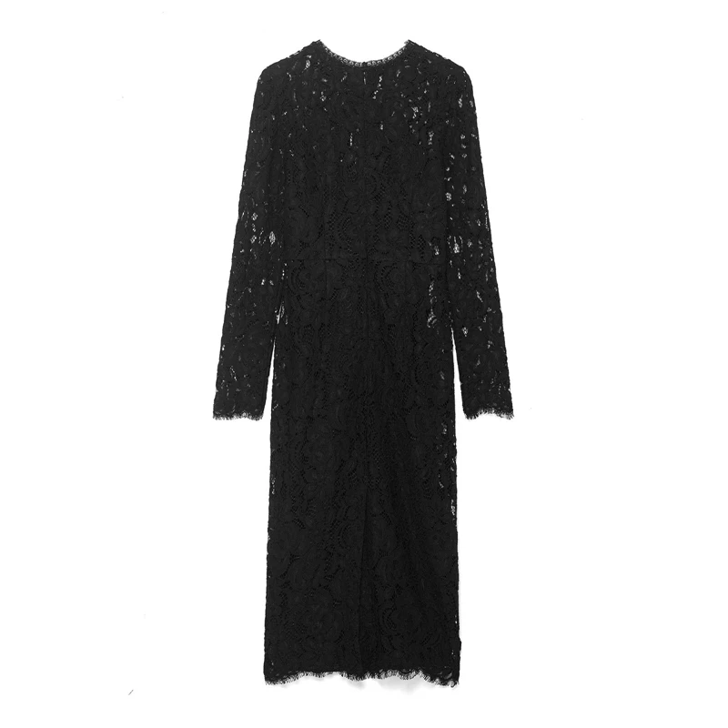 ブラック長袖レースミディドレス - エレガントなシアーフローラルレースイブニングパーティードレス2026
