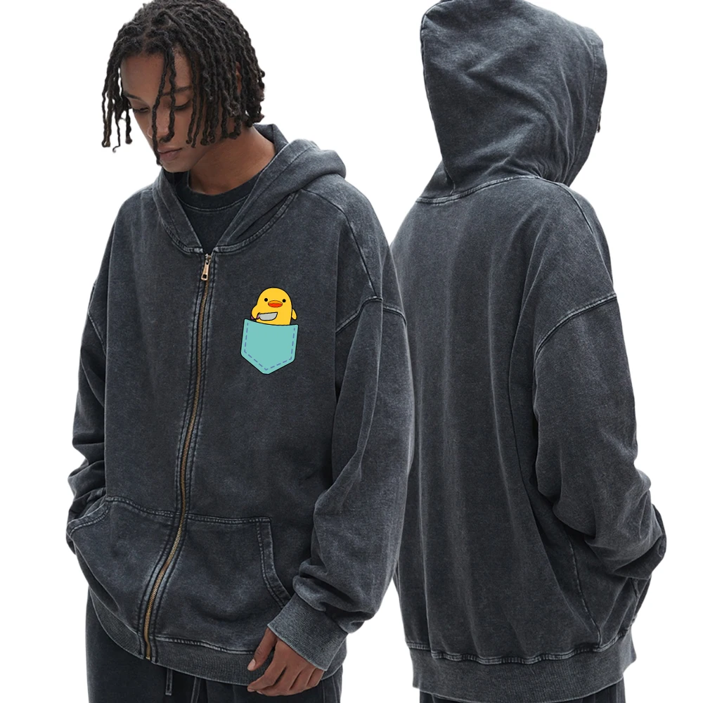 Duck With Knife Pocket Printed Men'S Sweatshirt Jacket Oversized Fall Tops Simple Casual Wash Zip Up Hoodie Cotton Men Cardigan