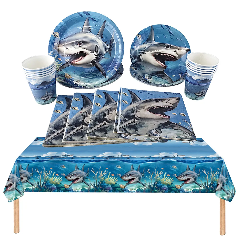 Blue Shark Birthday Decoration Happy Birthday Banner Dinner Plates Cups Napkins Baby Shower Shark Theme Birthday Party Supplies