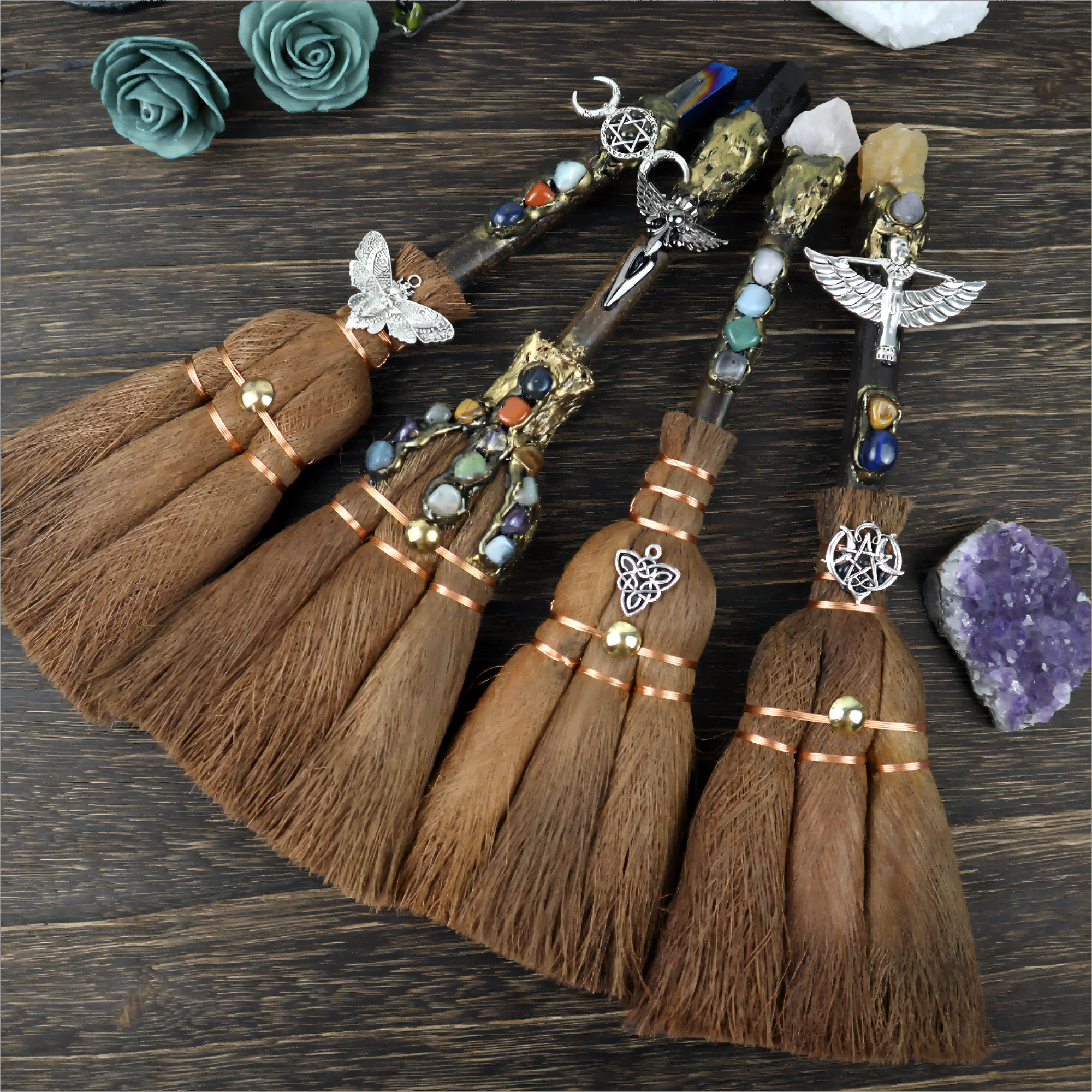 Natural White Crystal Brooms Altar Ornament Brushes Wicca Citrine Angel Moth Accessories Car Pendants Quartz Moon Festival Gifts