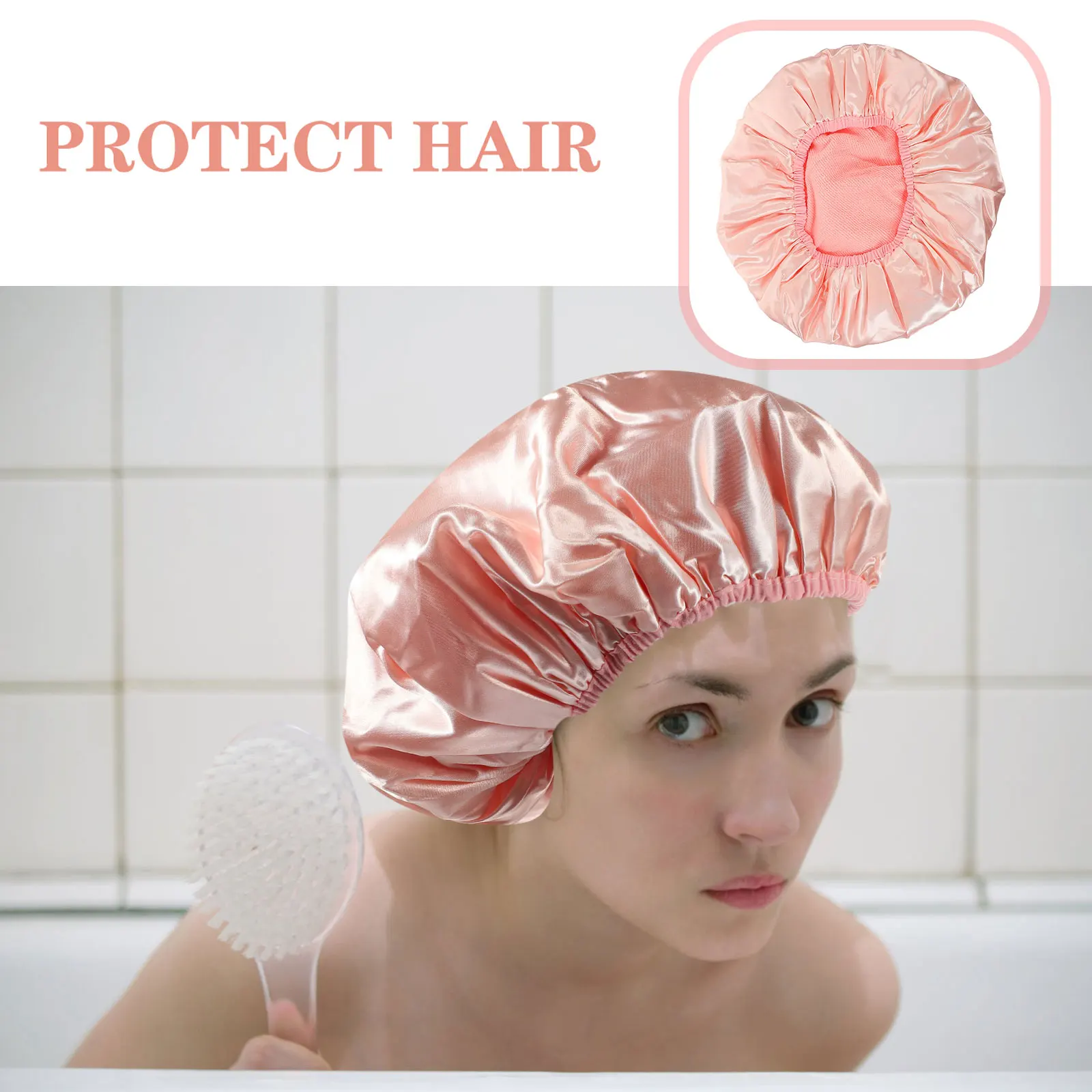 

Pink Large Triple-layer Shower Cap Waterproof Dry Hair Bathing Reusable Peva Satin Microfiber Women Hair Wrap Quick Drying