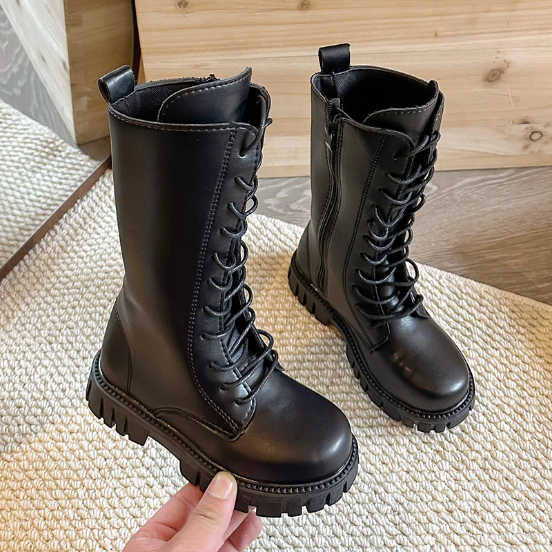 الأطفال الأحذية الجلدية 2025 الخريف الشتاء الفتيات أحذية طويلة سميكة القاع الكلاسيكية الأسود البيج السببية الاطفال موضة منتصف العجل الأحذية