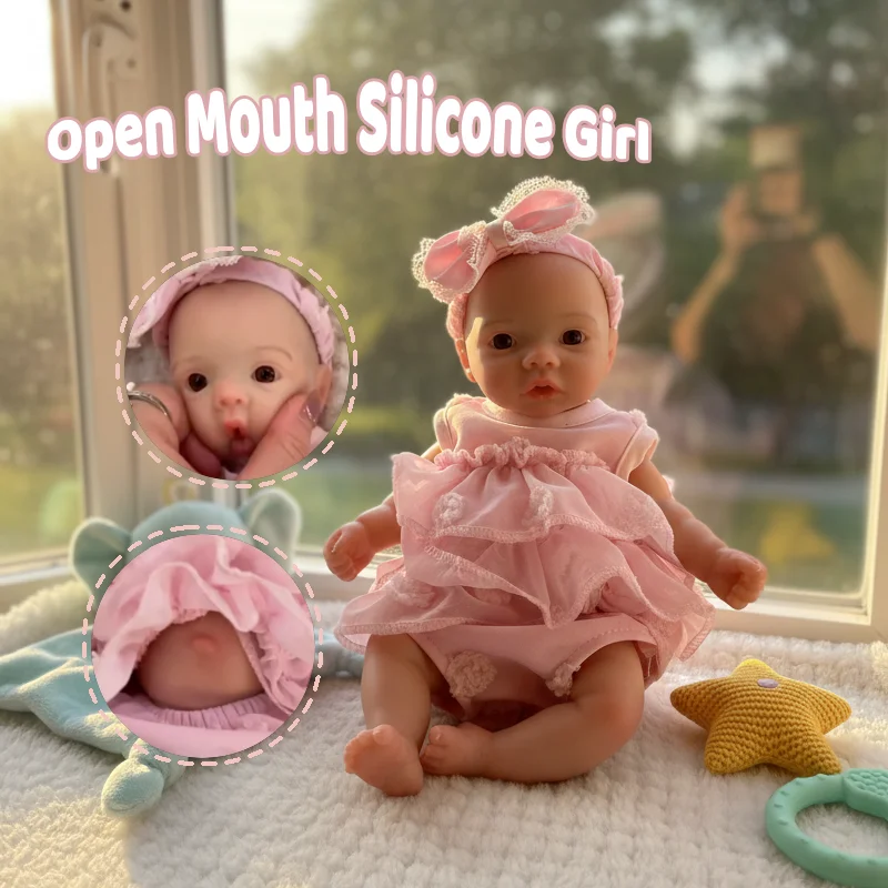 

10 дюймов/25 см с открытым ртом и моющимся всего тела, силиконовая кукла реборн для девочек с 3D-окрашенной кожей, реалистичная кукла для новорожденных с розовым платьем