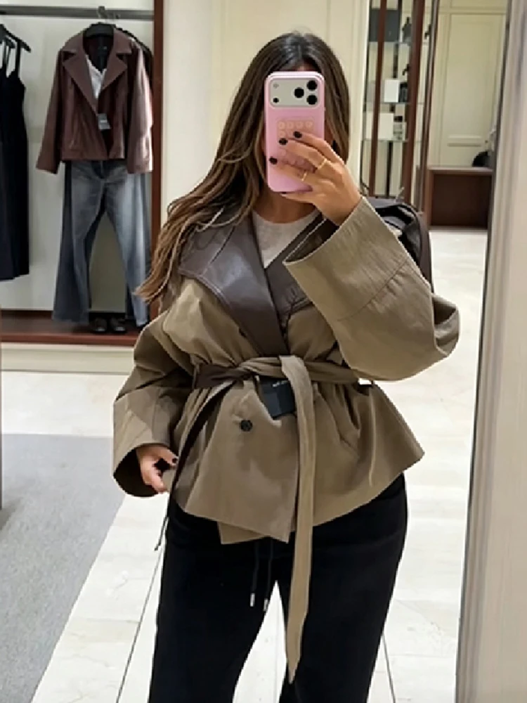 Damen Kurzer Trenchcoat aus Kunstleder mit Gespleißten Schulterklappen, Gürtel in der Taille, Locker Geschnittene Khaki Kurze Jacke, Vintage 2026 Damen Oberbekleidung – Detail 5