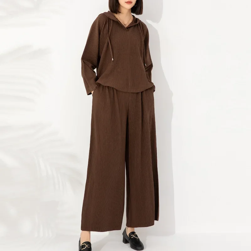 GGHK Miyake Pleated Women 2 Piece Set Pure Color Vintage Hooded Design Top High Waisted Loose Wide Leg Pants Female New Set