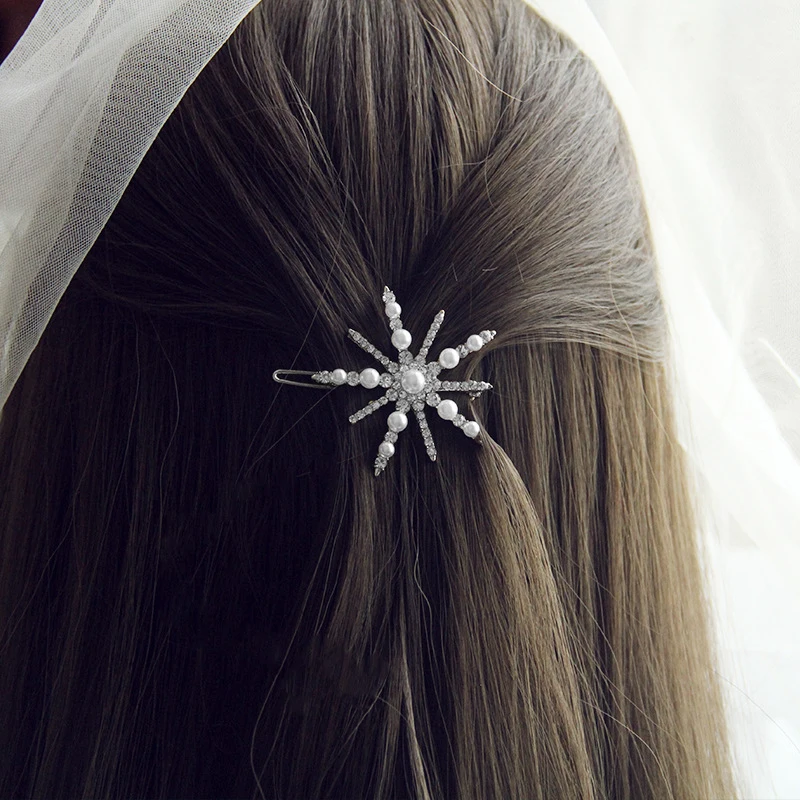 Boho Pearl Crystal Hair Clip Fashion Snowflake Hairpin Shinny Star Bobby Pin Clips Vintage Side Clip Ladies Hair Accessories
