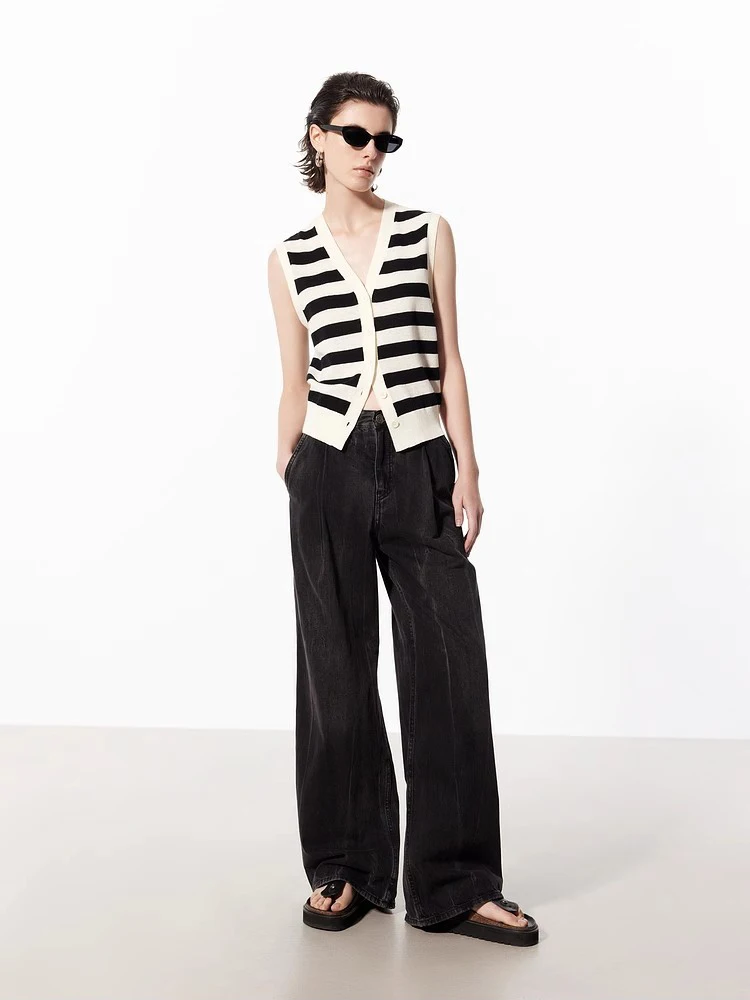 

Linen black and white striped contrasting knitted cardigan vest women 2025 thin V-neck high-end sleeveless top S1559