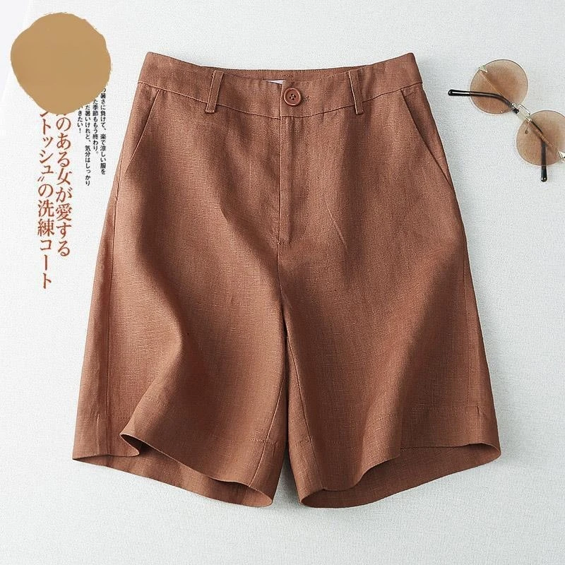 High-Waisted Cotton Linen Shorts for Women Summer Casual Shorts Women Wide-Leg A-Shaped Straight Five-Point Pants