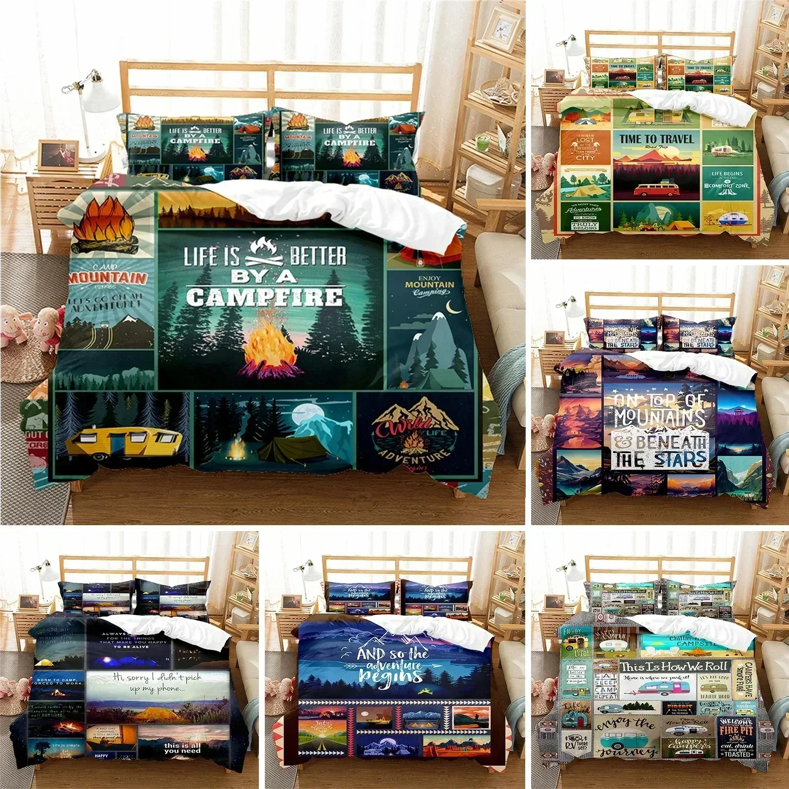 Natural Landscape King Queen Duvet Cover Campfire Camping Bedding Set Teen Adults Night Sky Forest Scenery Full for Quilt Cover