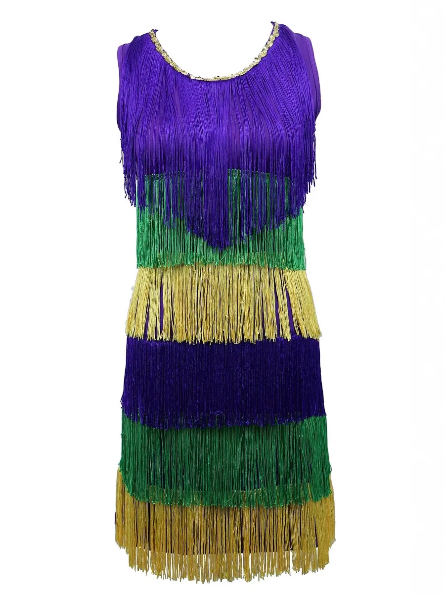 Sukienka na karnawał Mardi Gras z frędzlami, patchworkowa, z blokami kolorów, kolorowa sukienka midi w stylu boho na imprezę, festiwalowa sukienka z frędzlami.