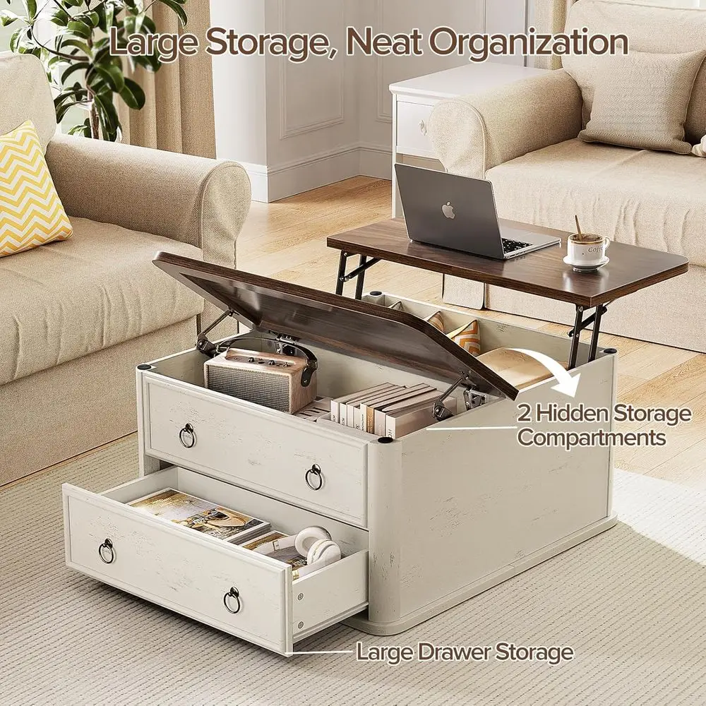 Farmhouse-Style Square Coffee Table with Lift Top, Storage Drawers, and Large Hidden Compartment, Rustic White & Walnut Finish