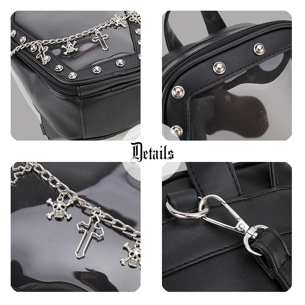 Gothic Punk Sargform Ita Tasche Damen Klare Rucksäcke Dark Lolita Handtasche und Umhängetasche Mädchen Cosplay Designer 2-Einsatz – Detail 11