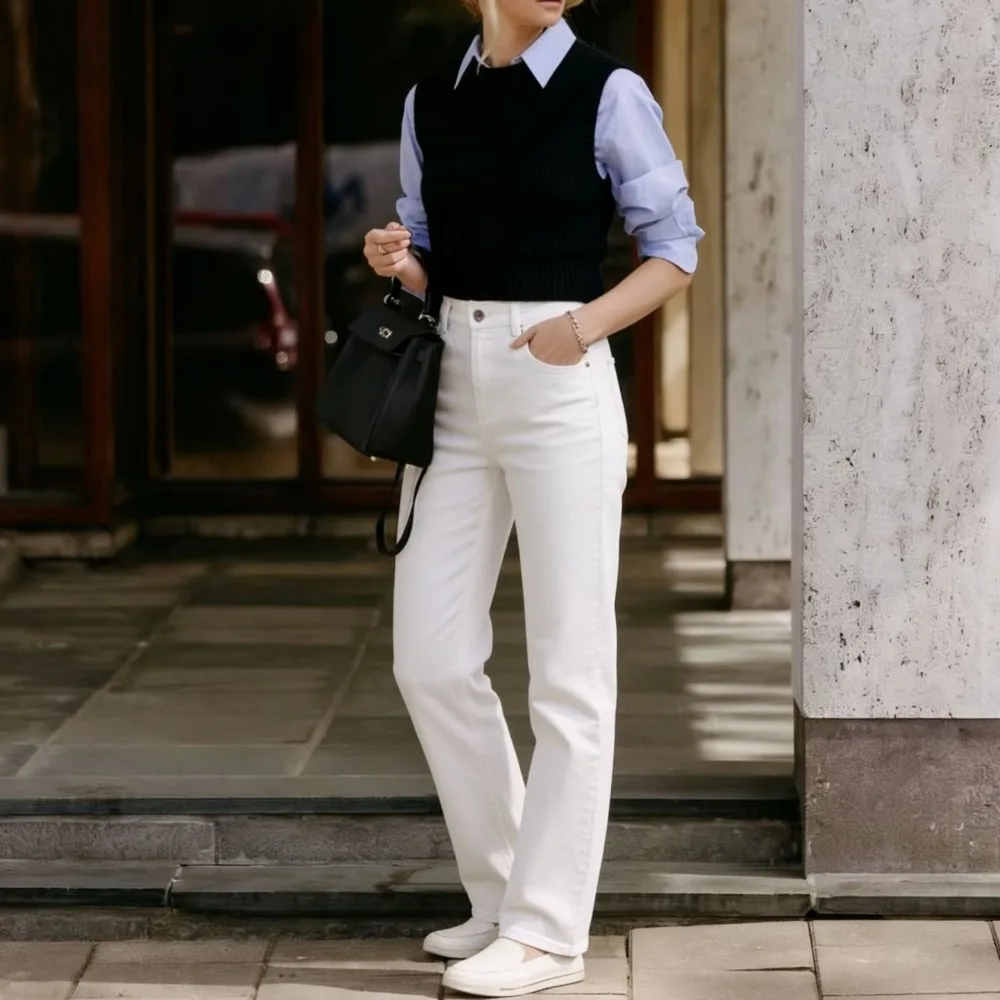 White High-waisted Stretch Cotton Cropped Flare Jeans