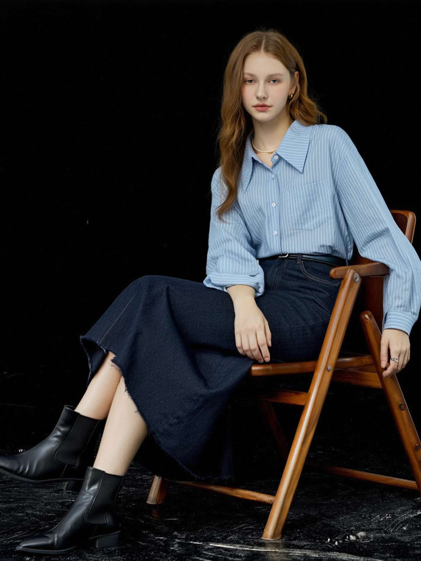 

HUAAPPUW Blue Striped Collar Long Sleeve Loose Women's Shirt Commute Style Autumn New Arrival Cotton Anti-Wrinkle