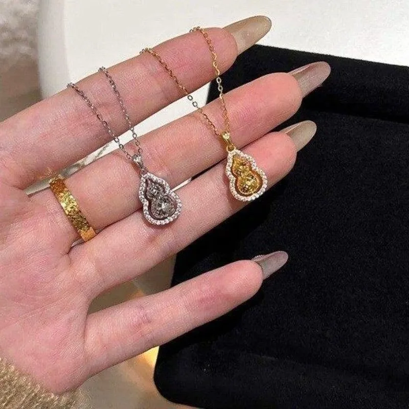 Chinese Style Gourd Necklace Rotatable Pendant 925 Sterling Silver Collarbone Chain Small Niche Design Jewelry Gift for Women