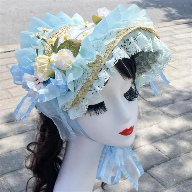 

P88A Шляпа от солнца ручной работы с кружевным декором в изысканном стиле, чаепитие для женщин в стиле Лолиты, соломенная шляпа