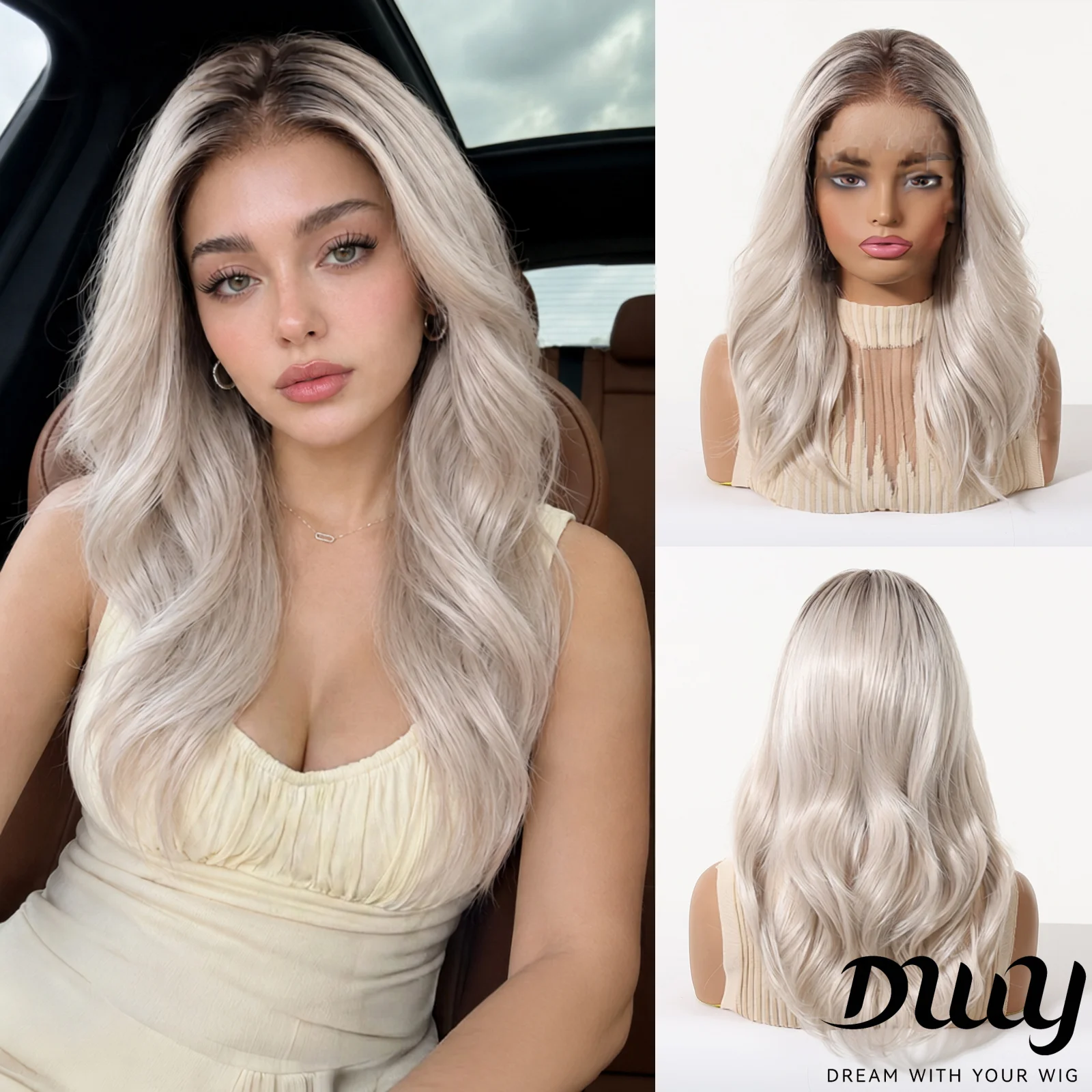 DWY 13x6 Lace Front Wig Platinum Blonde Ombre Long Wavy Synthetic Heat Resistant Fiber Natural Looking Daily Party Cosplay