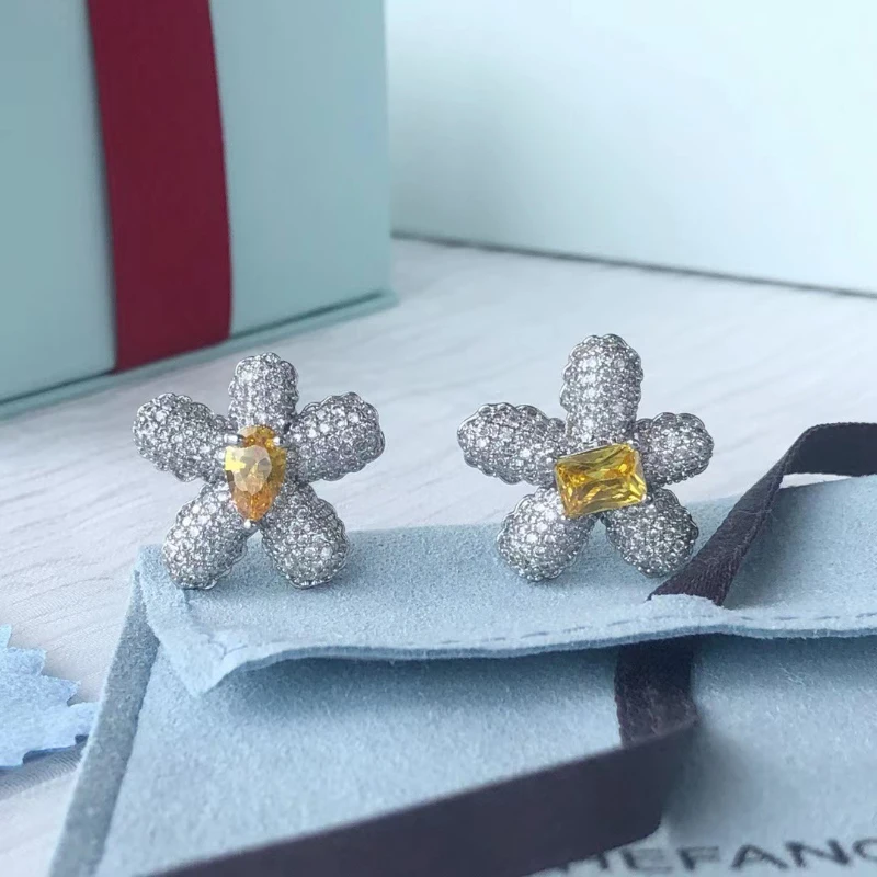 925 sterling silver diamond-encrusted flower ear studs yellow gemstone earrings for women classic series light luxury jewelry