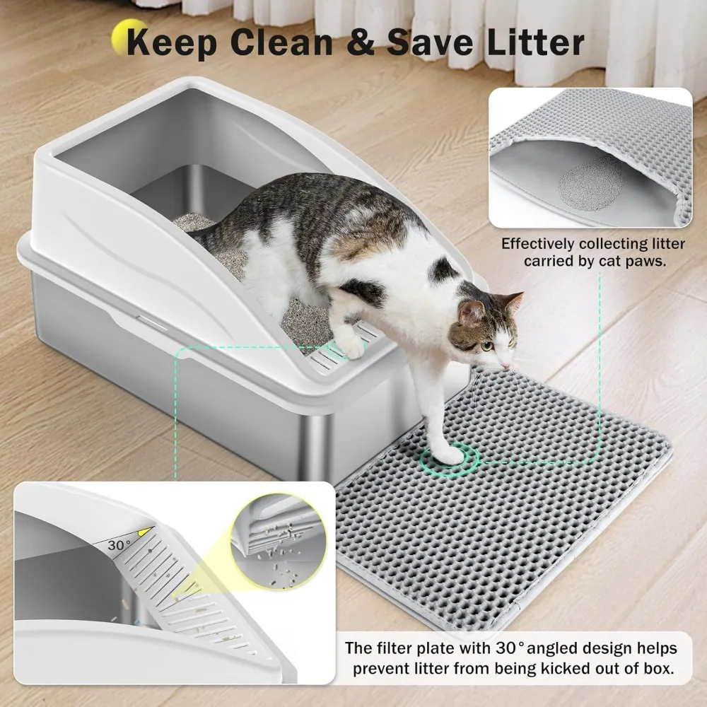 Stainless Steel Cat Litter Box, Anti-Urine Leakage Litter Box with High Sides, Lid, Easy Clean, Non-Sticky, Cat Mat, Metal Scoop