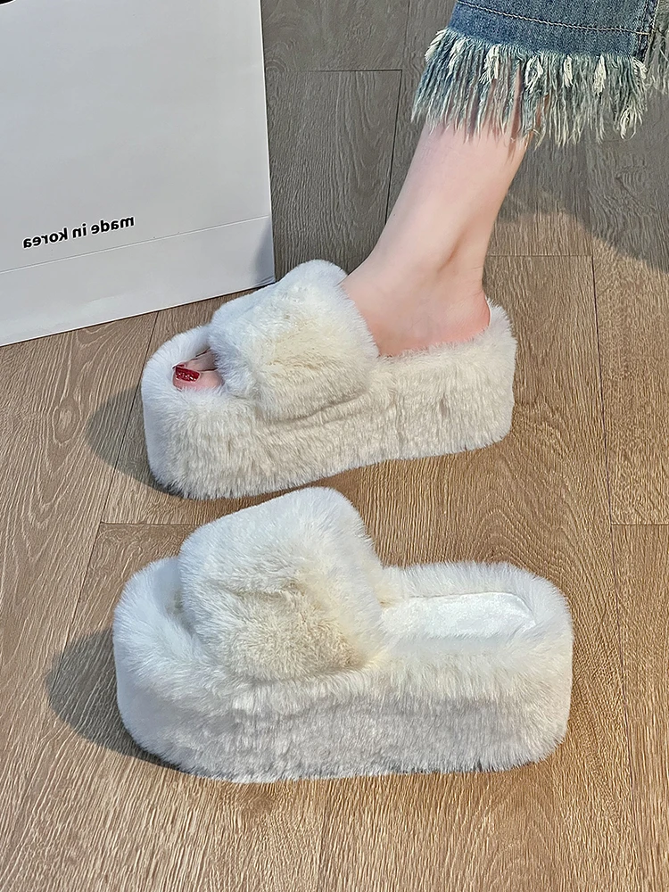 

Ins Fluffy Slippers Women's Outdoor Wear Cotton Slippers High Densi PU Leather Thi Bot Slip-On oes Rubber Sole