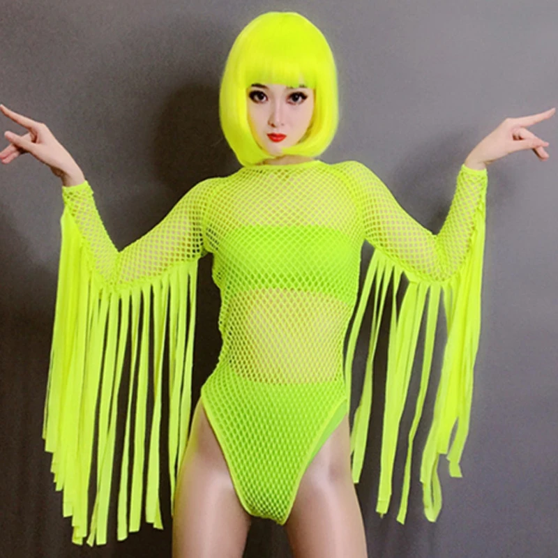 Fluorescent Green Net Bodysuit Exaggerated Long Tassel Gogo Dance Costume Pole Dance Singer Clothes Women Dj Stage Wear DNV16538