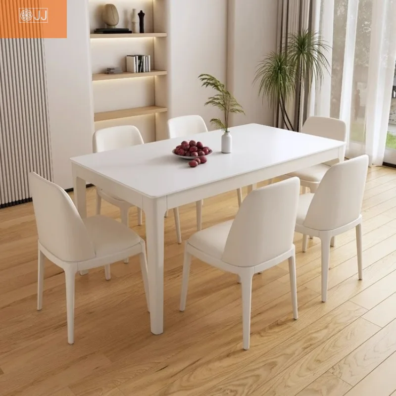 Light luxury dining table cream white solid wood dining table and chair combination Nordic bright rock slab dining table