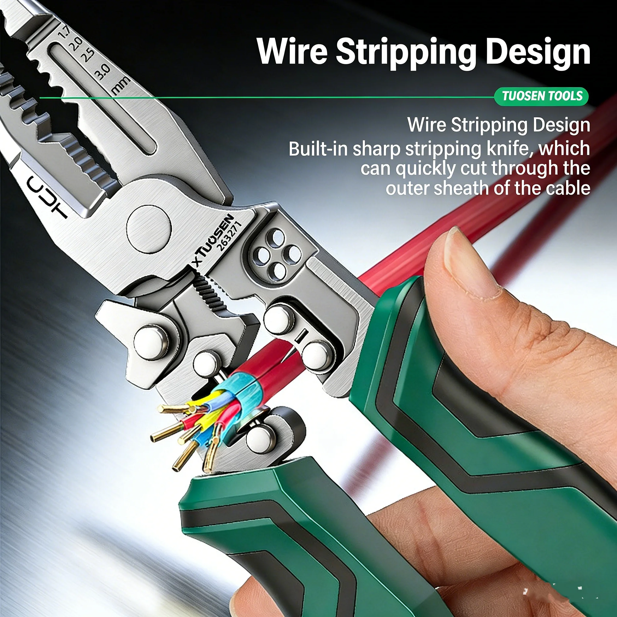 TUOSEN Elektriker-Multitool-Set mit Spannungsprüfer, Abisolierzange und Zange zum Wickeln, Umlindern und Crimpen - Langlebiges Werkzeugset – Detail 2