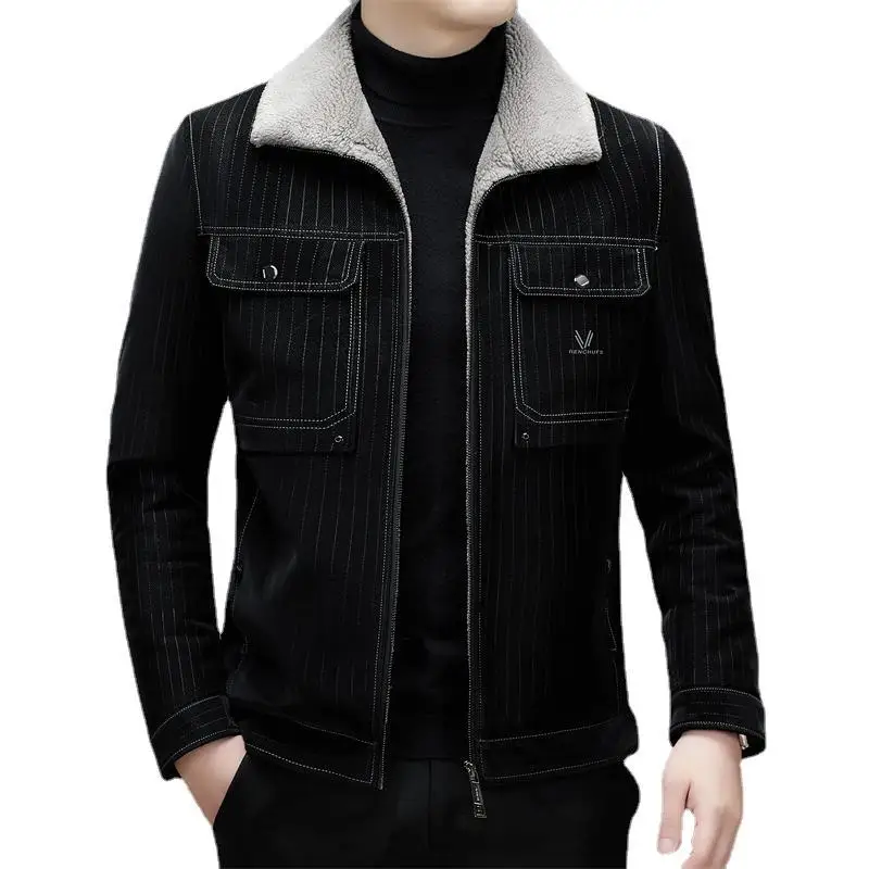 Down Jacket Men\'s Jacket Winter New Middle-aged Lapel Thickened Casual Vertical Stripe Leather Jacket