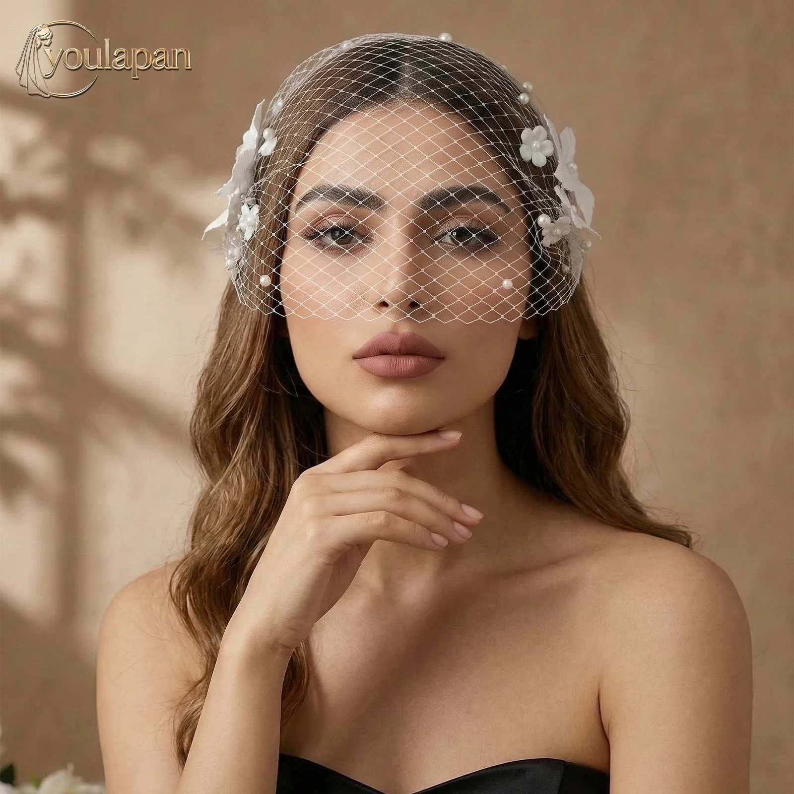 TOPQUEEN Handmade Bridal Short Birdcage Veil Breathable Fishnet Vintage Wedding Bride Hat 3d Flower Imitation Pearl Veil VA22