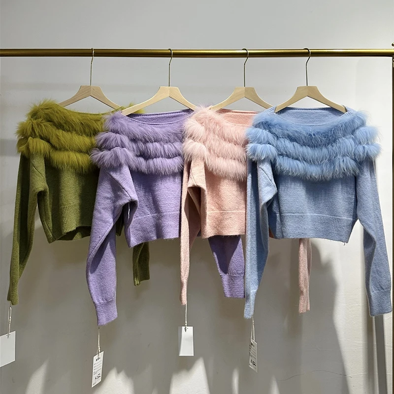 2025 여성 겨울 두꺼운 사랑스러운 여우털 칼라 천연 여우털 소녀 가을 짧은 스웨터 니트 코트
