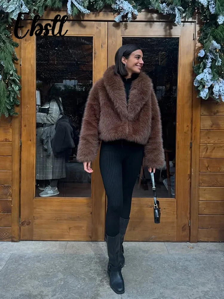 الصلبة البني رقيق الفراء معاطف النساء Vintage التلبيب كم طويل رشاقته الدافئة سترة 2025 الخريف الشتاء جديد الإناث شيك فضفاض أبلى