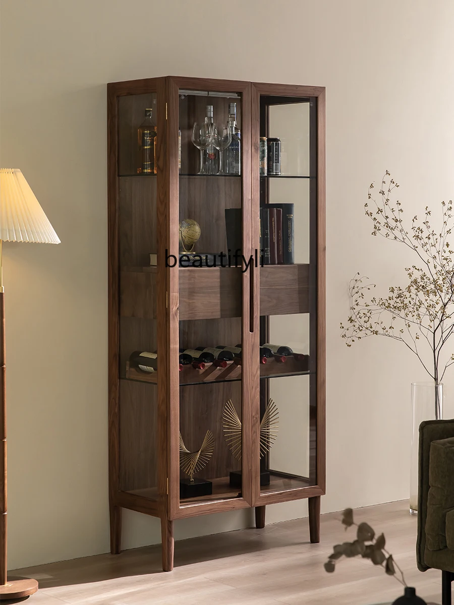 Black Walnut Double-Door Bookcase Clothes Closet Living Room Wine Cabinet Display Cabinet Glass Locker High Side Cabinet