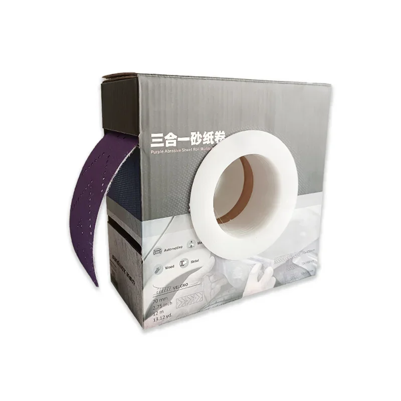 長方形の手で引き裂かれたサンドペーパーロール、エメリークロス、ハンドサンディングボード、ハンドプレーニング、スリーインワンドライサンディング、パープル、70mm、12m