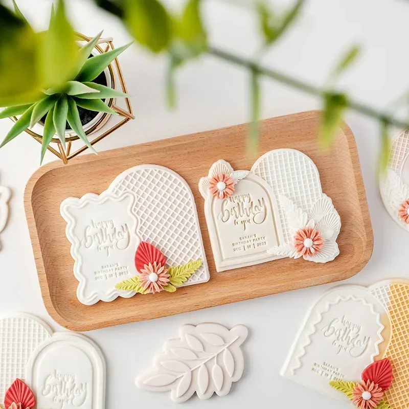 Happy Birthday Greeting Frame Fondant Cookie Embosser Mold Lace Arched Dessert Table Decorative Cake Mold Household Baking Tools