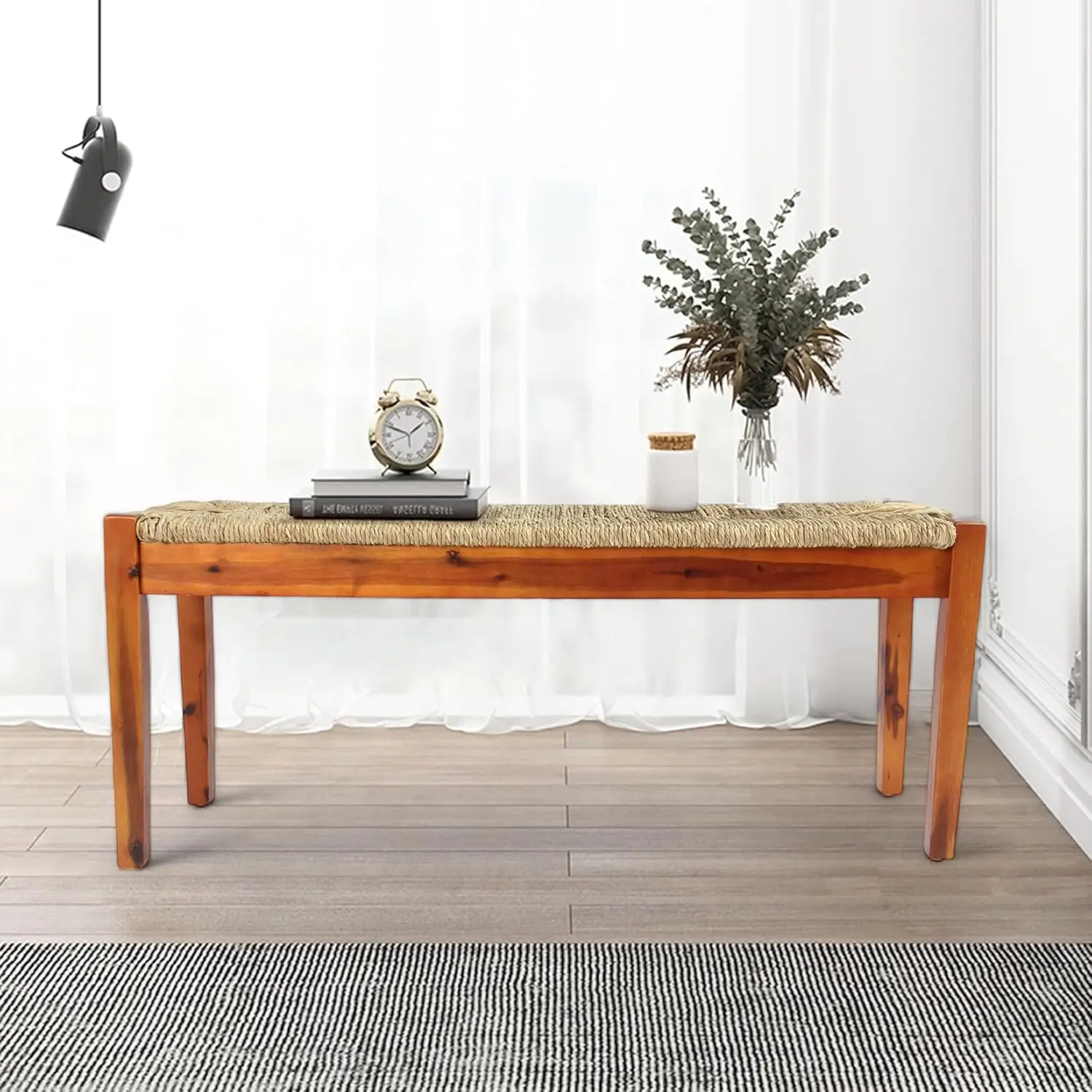 

Acacia Solid Wood Bench with Woven Seagrass Seat, Entryway Bench, Wicker Benches Indoor for Hallway, End of Bed, Kitchen